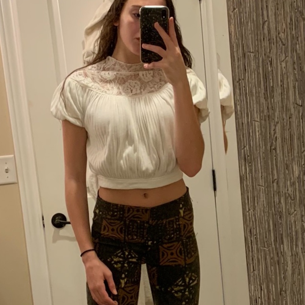 Free People White Pleated Ruffled Blouse